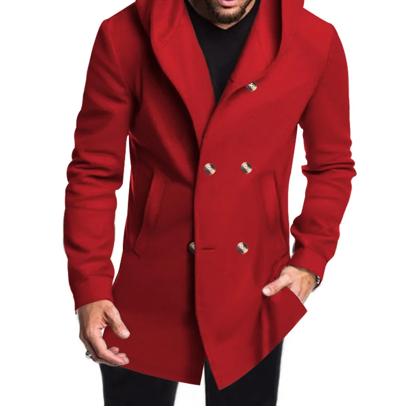 

Men's Slim Fit Casual Long Coat Hooded Color Jaet New Arrival Spring Season Cotton Blend Fabric Double Button Closure