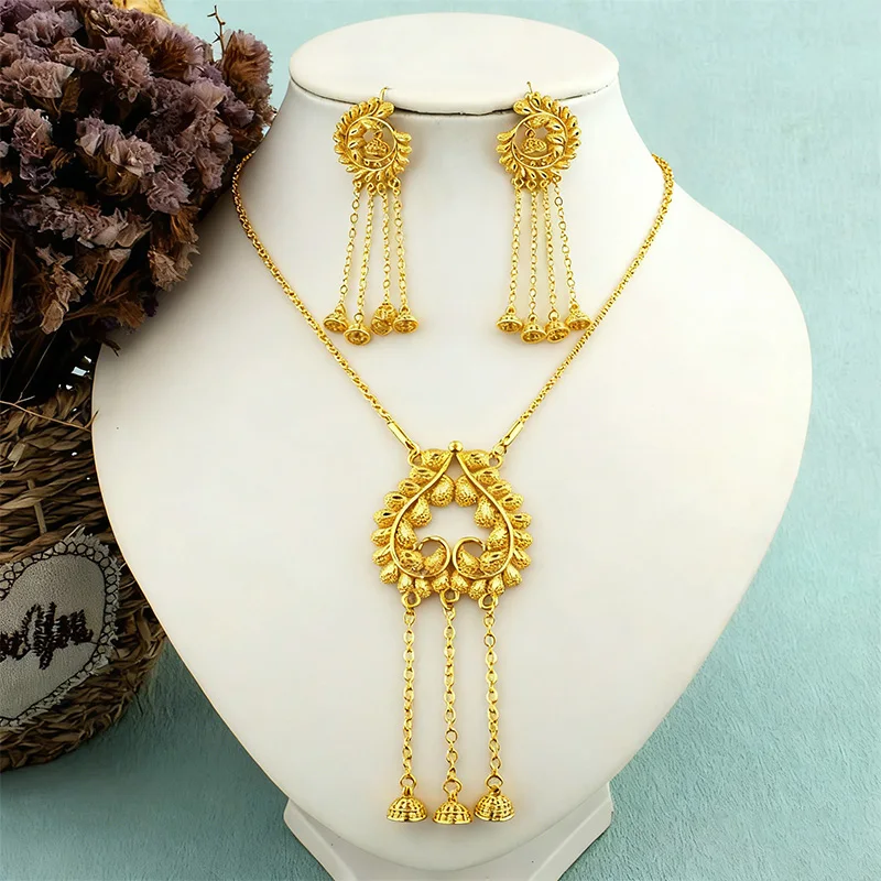 

African Gold Jewelry Set Women Indian Long Necklace Earrings Nigeria 24K Gold Plated Fashion Jewelry Dubai Wedding Gift