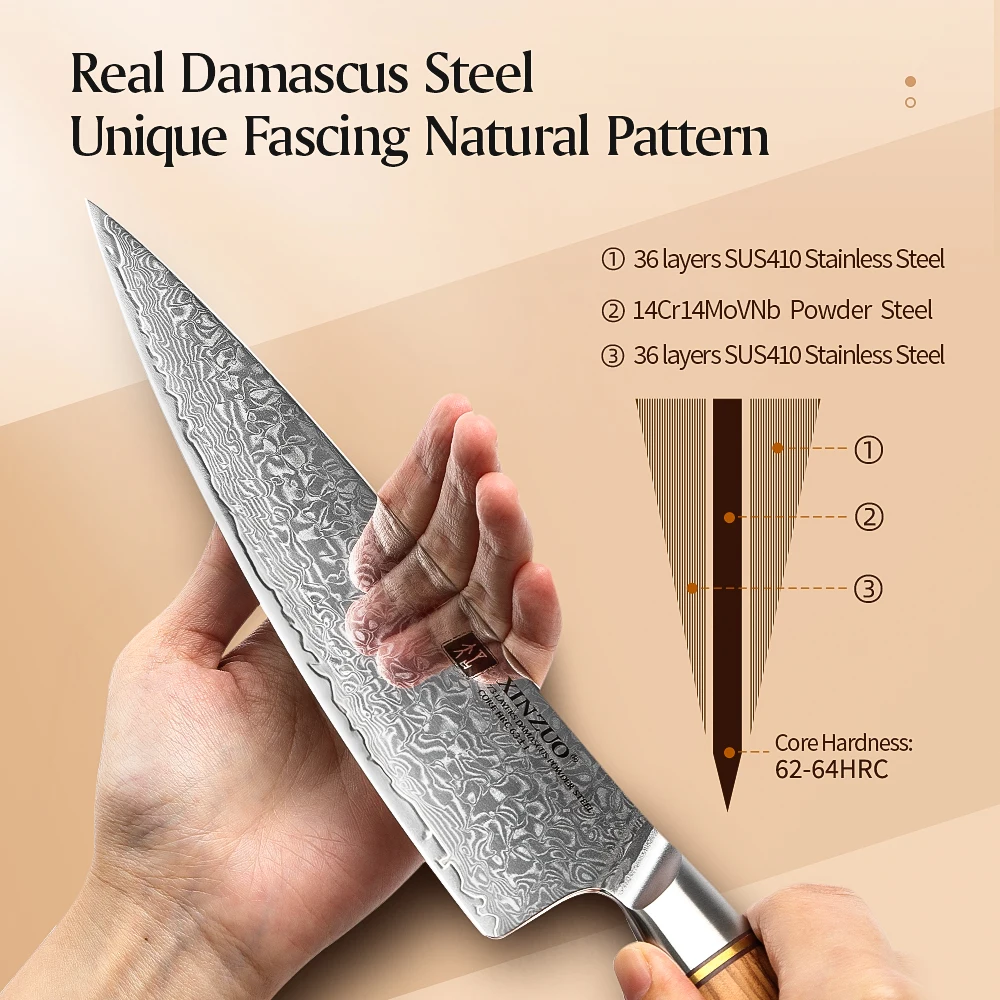 XINZUO 6pcs Chef Knife Set 73-layer Damascus Steel Santoku Utility Knife VG10 Vegetable Fruit Knife with Premium Handle