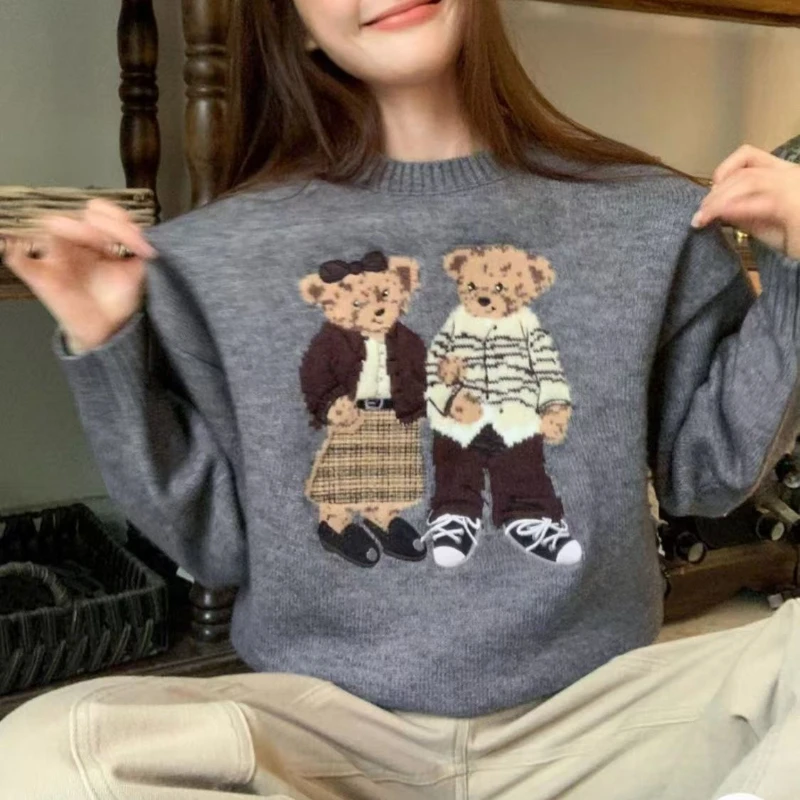 

Жаккардовый вязаный свитер в стиле ретро с медведем для женщин на осень и зиму, свободный и утягивающий повседневный топ с круглым вырезом в ленивом стиле