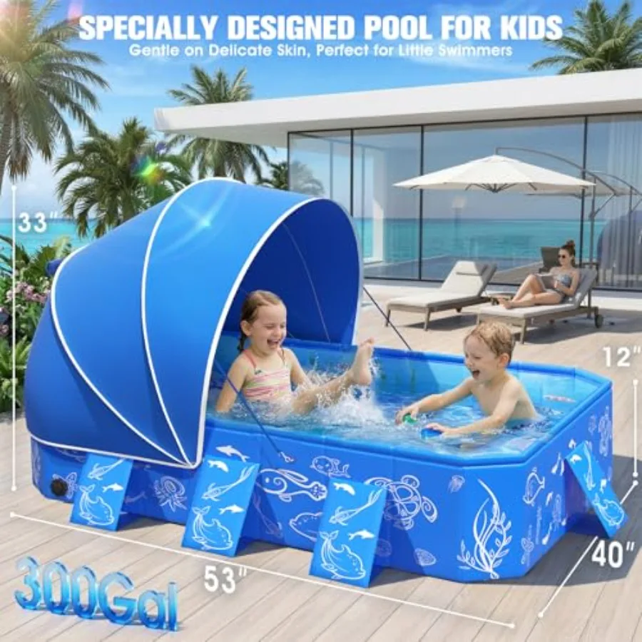 Outdoor pop-up kiddie pool with canopy for backyard use, durable PVC material, blue color, non-inflatable and foldable design w view 3