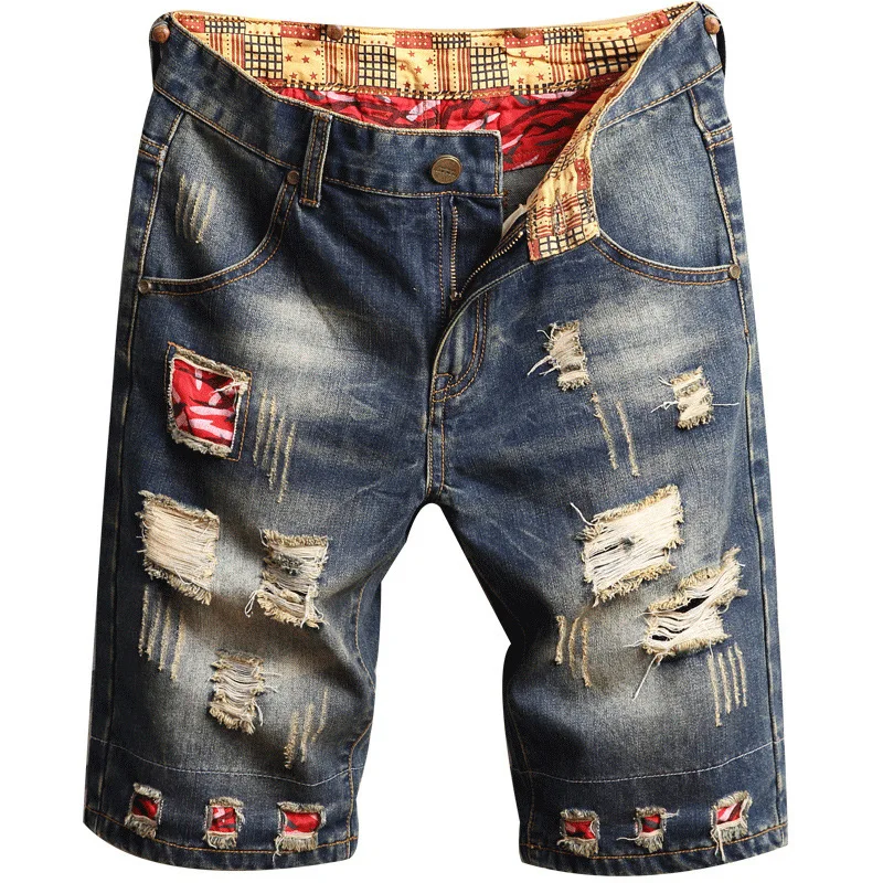 Hole Vintage Men Jeans Shorts Denim Distressed Knee Length Pockets Spliced Cuffs Skinny Washed Punk Style Ripped Mid Waist 2024