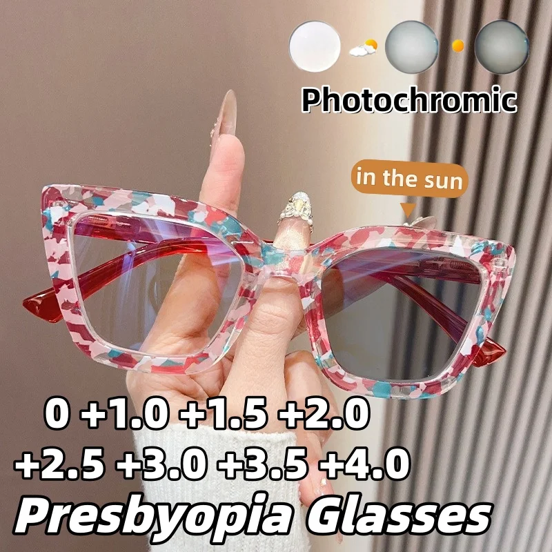 Neue Blumenrahmen-Photochrome Lesebrille für Damen Modische Cat-Eye-Brille mit hoher Auflösung für Alterssichtigkeit 0 bis +4,0