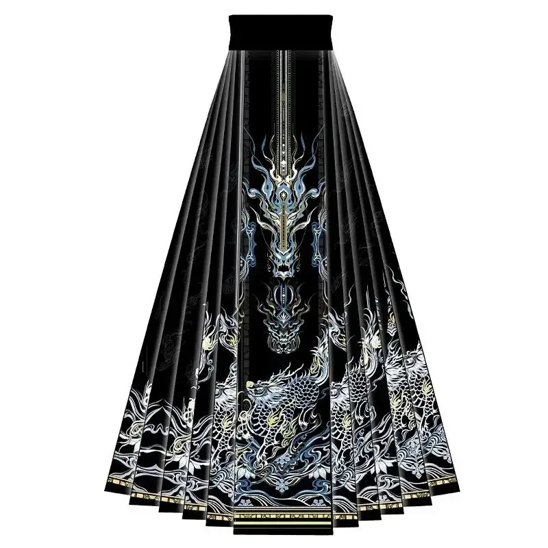 حجم كبير 2XL الصينية الحصان الوجه تنورة مجموعة الرجال موضة جديدة الذهبي الأسود والأزرق مطوي تنورة قمصان سوداء للنساء حجم كبير