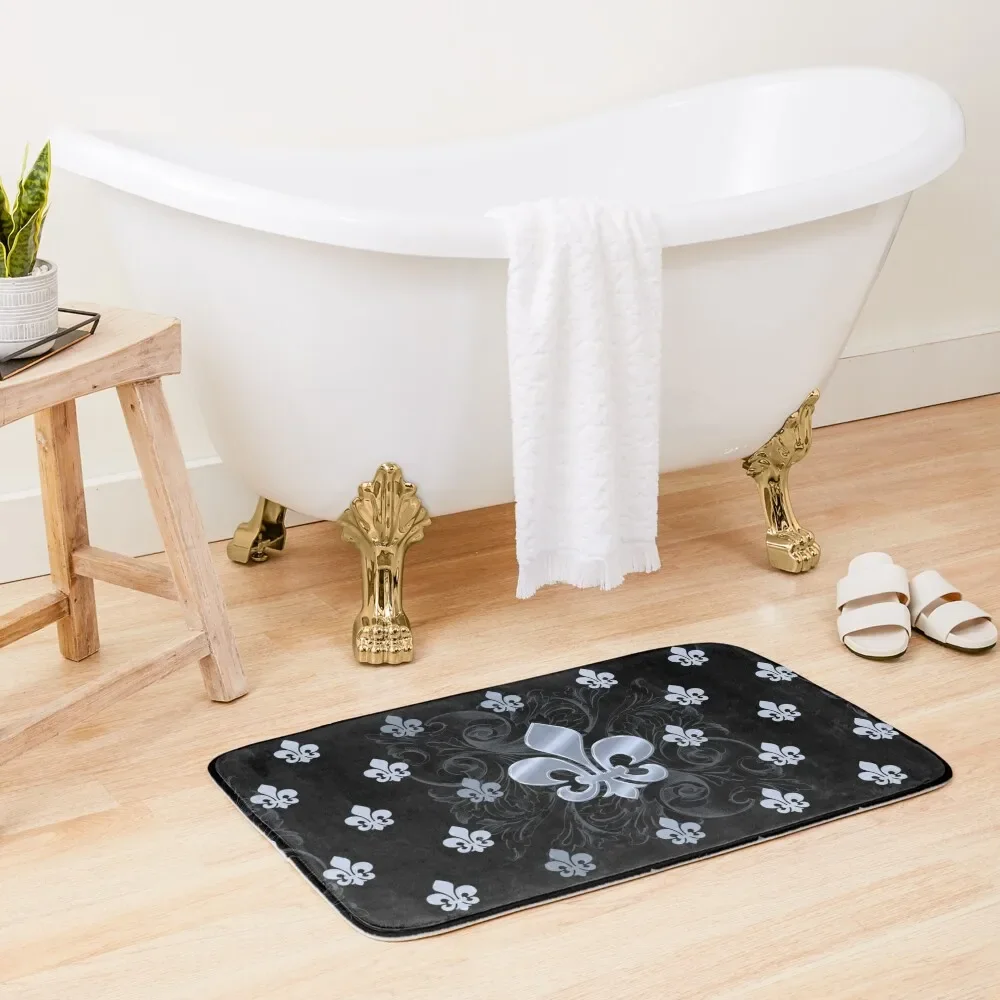 

Fleur de Lys-Black & Silver Bath Mat Hallways Foot Bathroom Mat