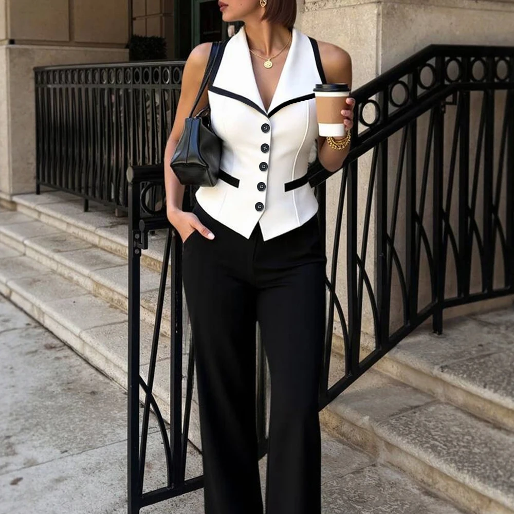 Damen-Herbsthemd 2025, gekerbter Kragen, bequemes Hemd mit Knopfleiste vorne und Kontrastbesatz, ärmellos, urban chic