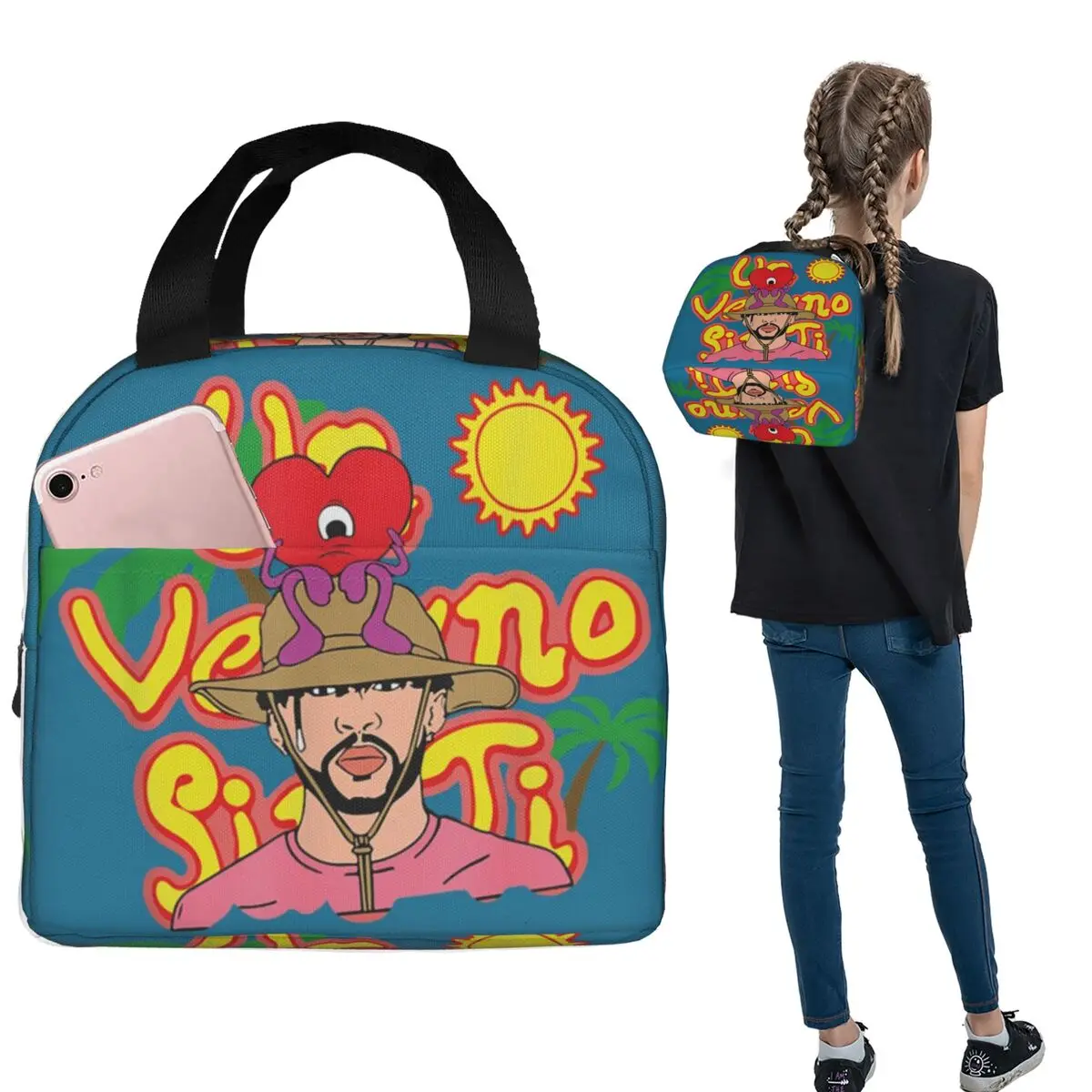 

B Bunny Un Verano Worlds Hottest Tour Sin Ti Merch Изолированная сумка для обеда для женщин и детей Портативные коробки для еды Термальный ланч-бокс Tote