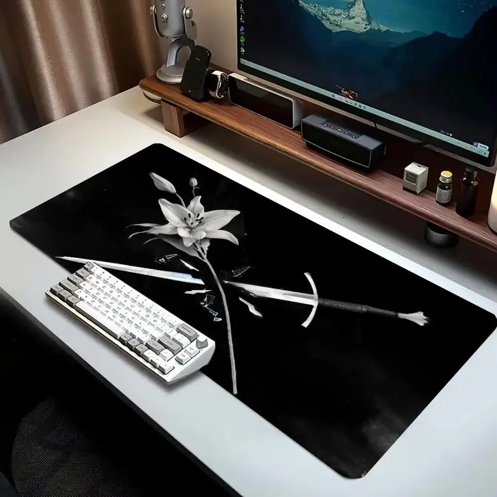 Black Samurai Sword Large Extended Gaming Mouse Pad Non Slip Desk Mat White Floral Silhouette Keyboard Mouse pad