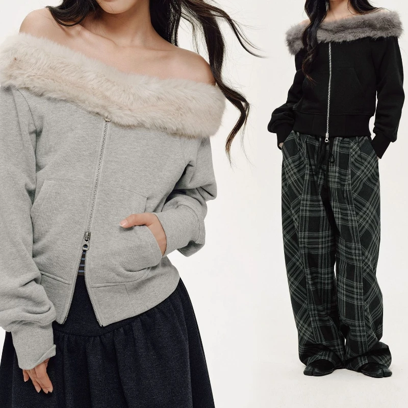 

Harajuku меховые лоскутные толстовки с разрезом на шее 2025 женские повседневные свободные толстовки на молнии в стиле панк уличная куртка с капюшоном в стиле гранж с карманами