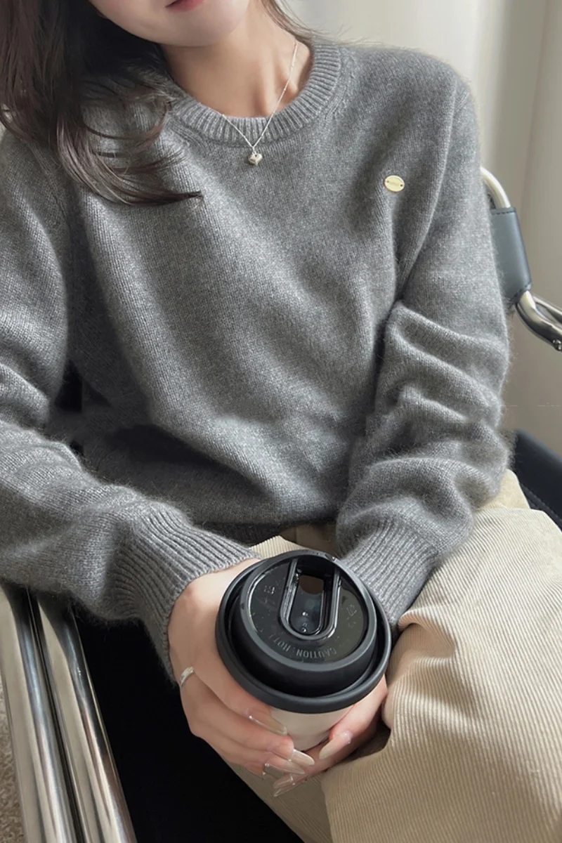 Damen-Pullover mit langen Ärmeln, 100 % Kaschmir, O-Ausschnitt, Strickpullover, hochwertiges Basic-Top für Frühlings- und Herbstmode