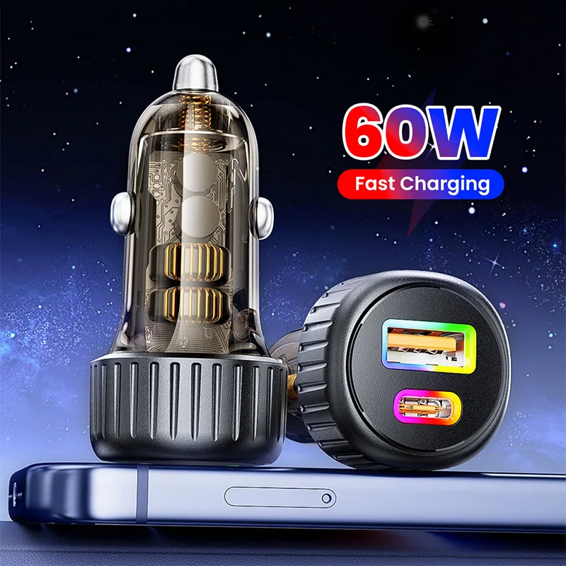 60W USB/Type C Dual Port Car Charger Fast Charging 2 IN 1 Car Cigarette Lighter Conversion Plug Portable Car Charger