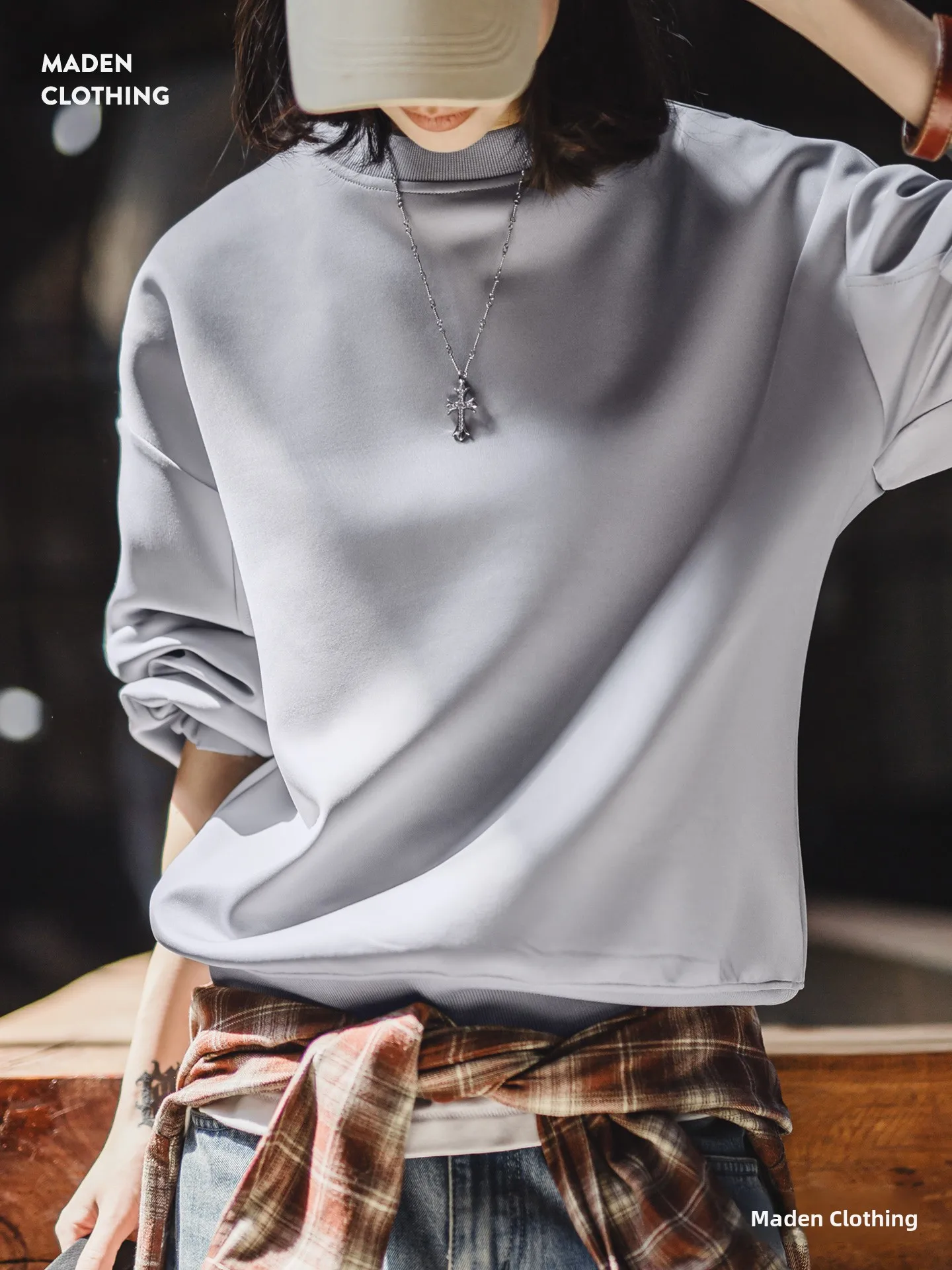 

Maden Air Layer Pure ey Loose oulder Drop oulder round Ne Hoodie Jaet Women's Autumn Long Sve Sweatirt Outerwear