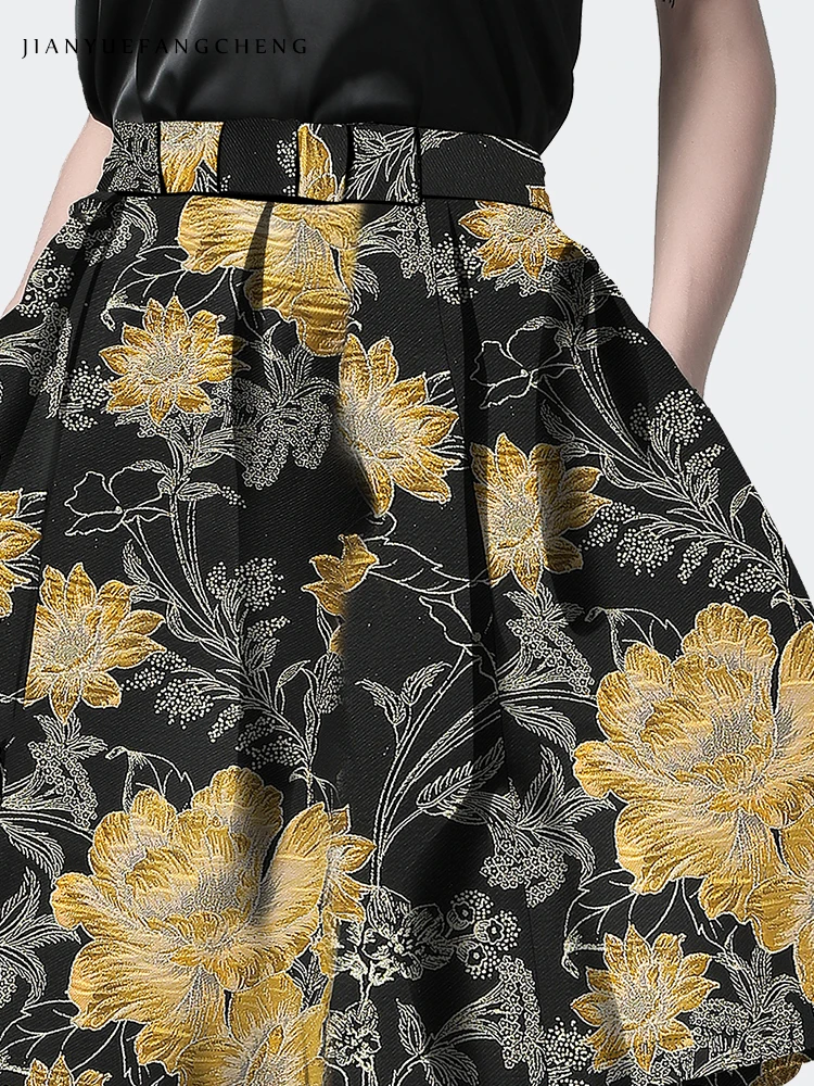 Jacquard Geplooide Tutu Rok Van Hoge Taille Bloemen Gedrukt Vrouwen Zomer Stijve Boven Knie Mini Jupe Geschikt Voor Dikke Dij dames