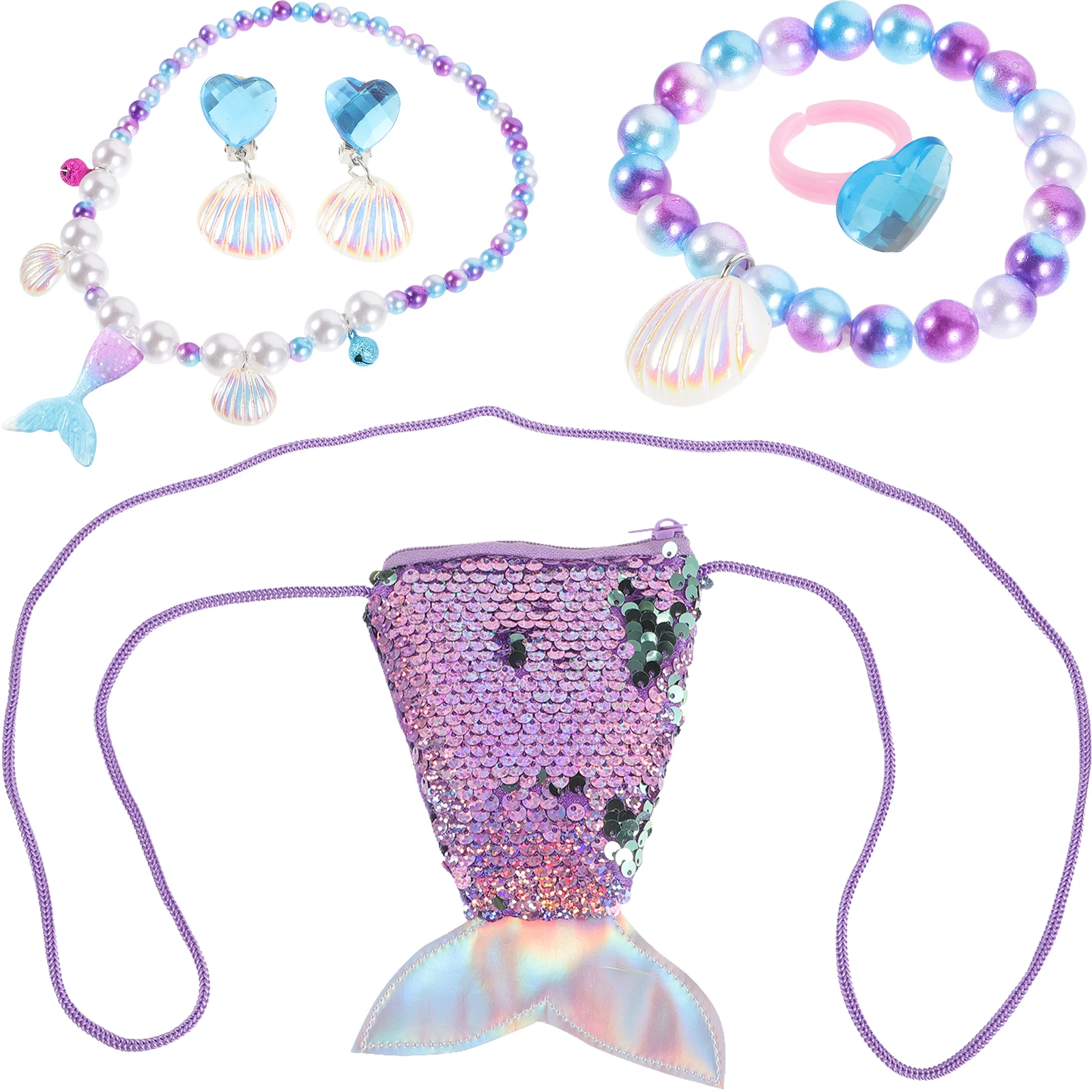 

1 set Purple Mermaid Tail Necklace Set Seashell Bracelet Clip Earrings Ring for Little Girl Safe Comfortable Accessories