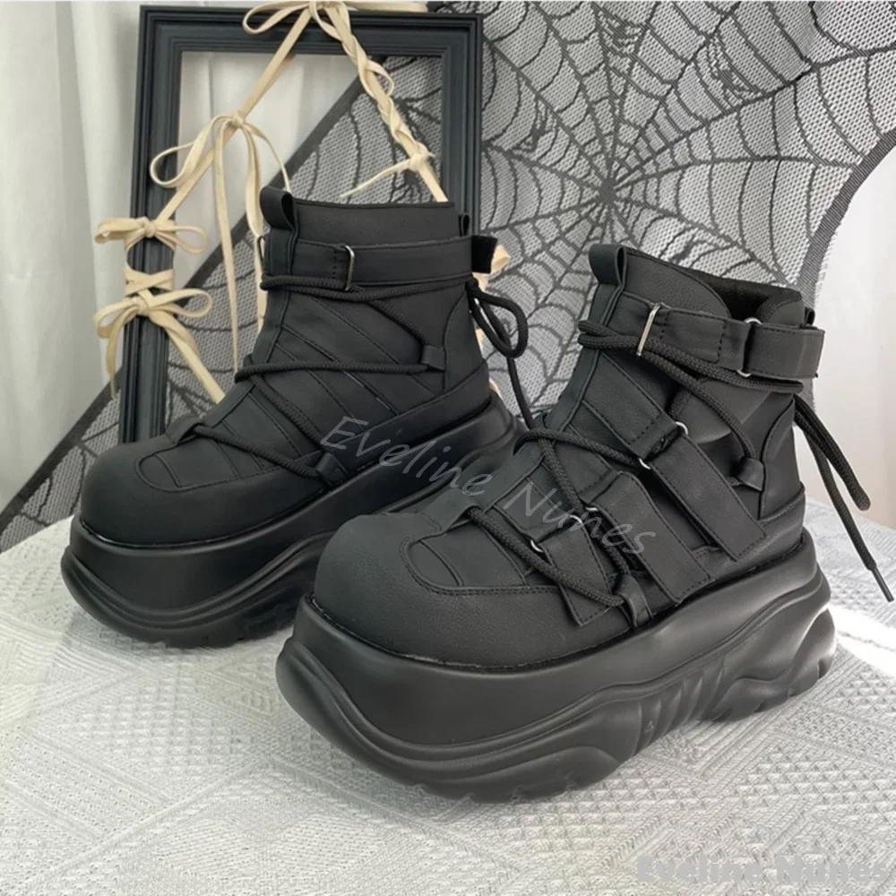 

New Fashion Hotties Short Boots women Round Toe Platform Hook & Loop Cross Strap Casual Shoes Gothic Dark Punk Rock Ankle Boots