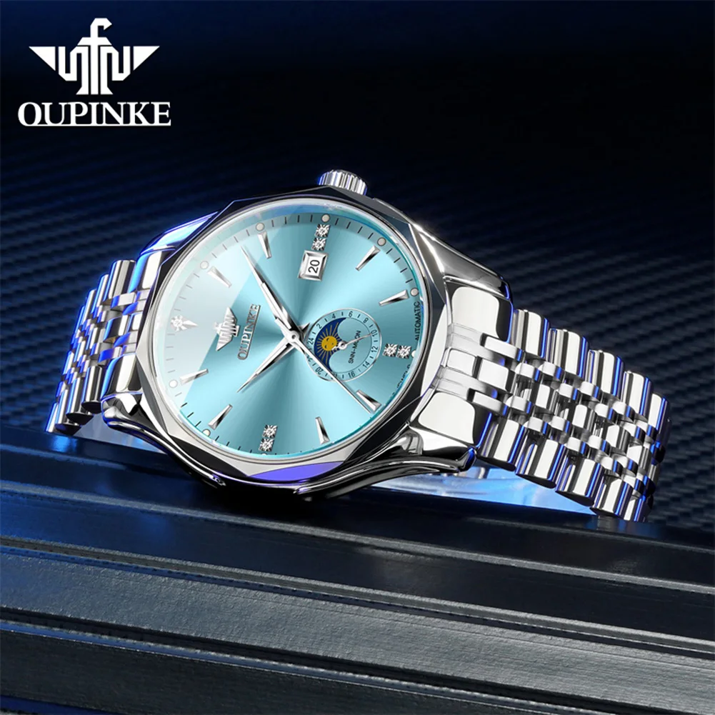 

OUPINKE Men's Watches Luxury Fashion Tiffany Dial Tungsten Steel Original Automatic Mechanical Watch for Man Moon Phase Sapphire