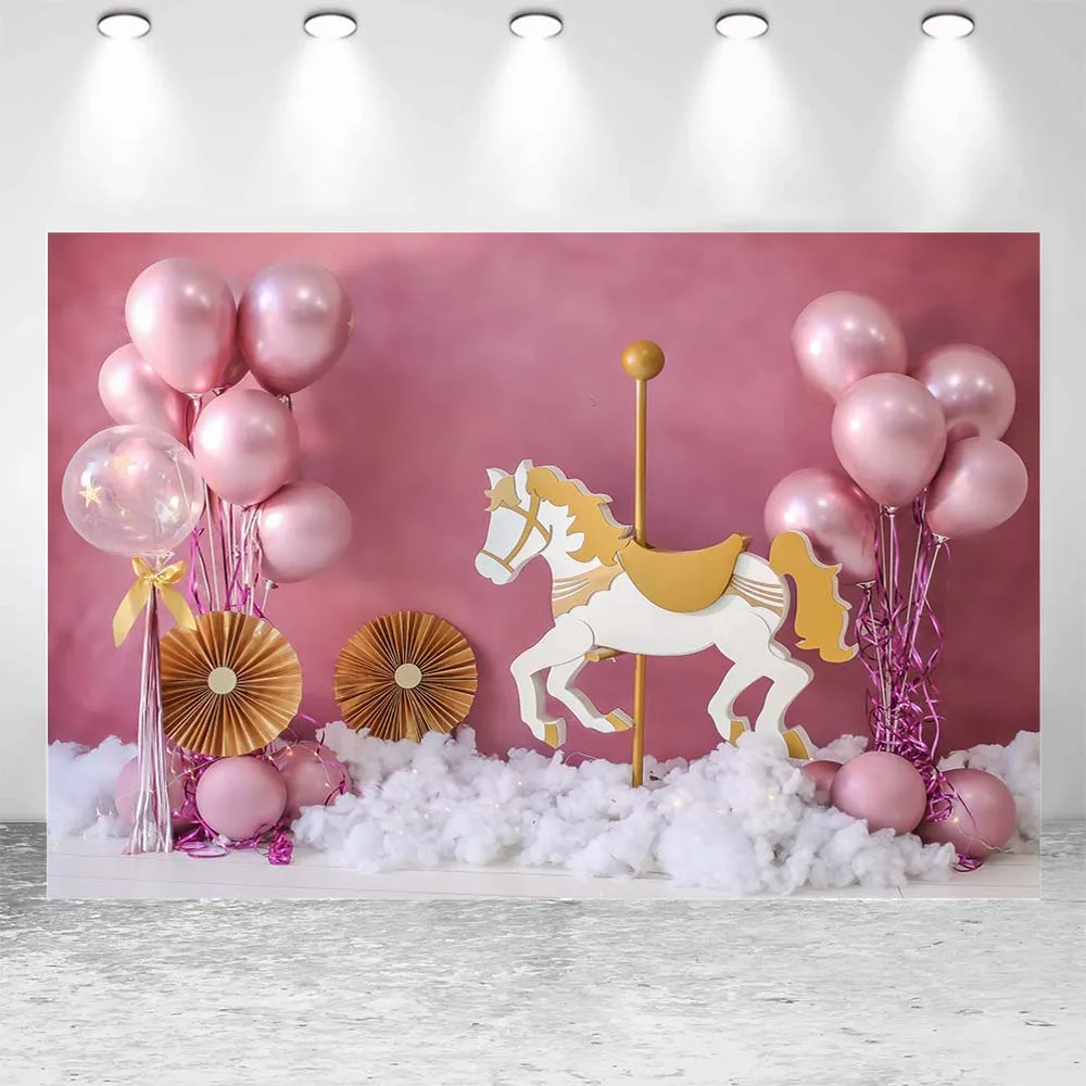 Mocsicka Newborn Photography Background Pink Wall Carousel Balloons Girl 1st Birthday Cake Smash Backdrop Studio Photocall Props