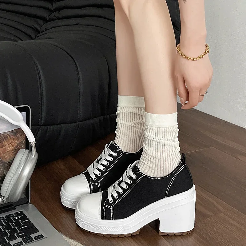 

Ladies Shoes 2025 Canvas Lace Up Women's High Heels Brand Casual Pumps Women Round Toe Lace Up Plus Size Chunky Heel Shoes Women