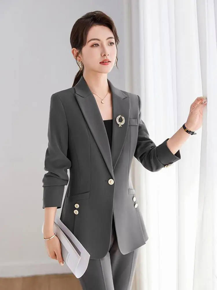 

Осень-зима женский однотонный элегантный пиджак с длинными рукавами на одной пуговице + брюки с высокой талией модная рабочая одежда костюм из двух предметов