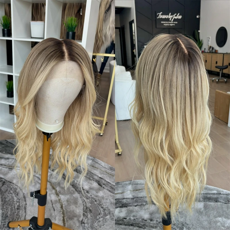 

Ombre Golden Blonde Wig Мягкий HD Парик Фронта Шнурка 13X4 Синтетические Парики Средняя Часть Ежедневно/Хэллоуин Использование Натуральная Волна Парик Высокая Плотность