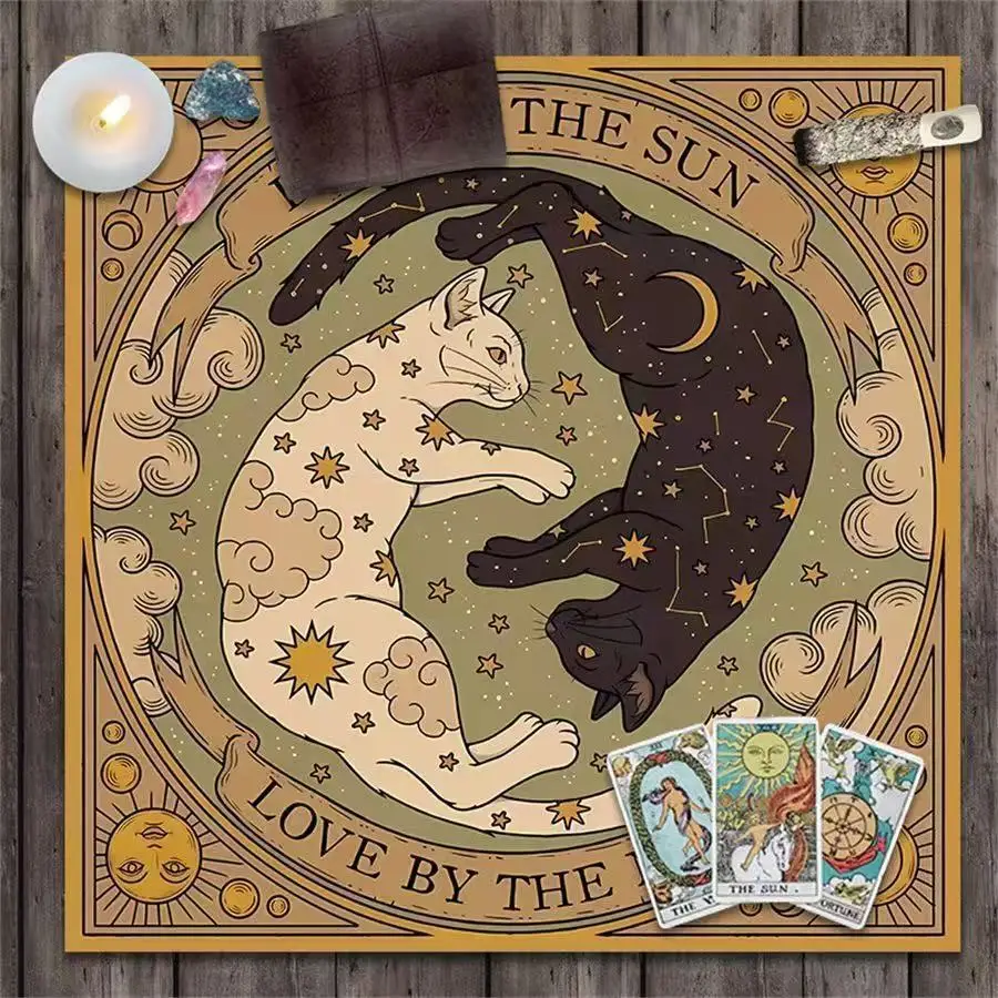 New Mysterious Cat Moon Phase Energy Symbol Altar Cloth Five Star Tarot Black Oracle Pad Tarot Waterproof Polyester Tablecloth