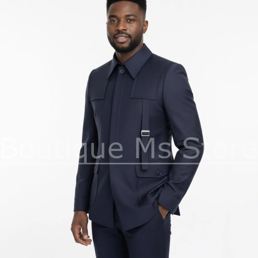 

Men's Suit with Unique Buckle Strap Design Modern Slim Fit Blazer and Pants Wedding Business Casual Party Tuxedo 2 Piece