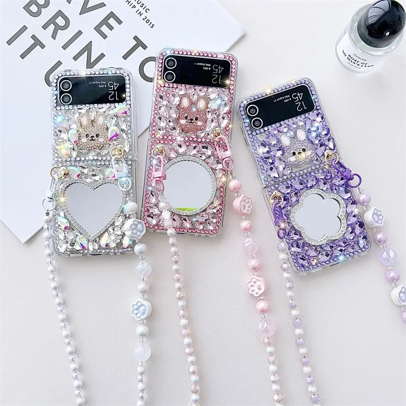 Full Screen Flash Diamond Mirror W23 Phone Case for Samsung Galaxy Z Flip 3 4 Diagonal Lanyard Heat Dissipation Protection Cover