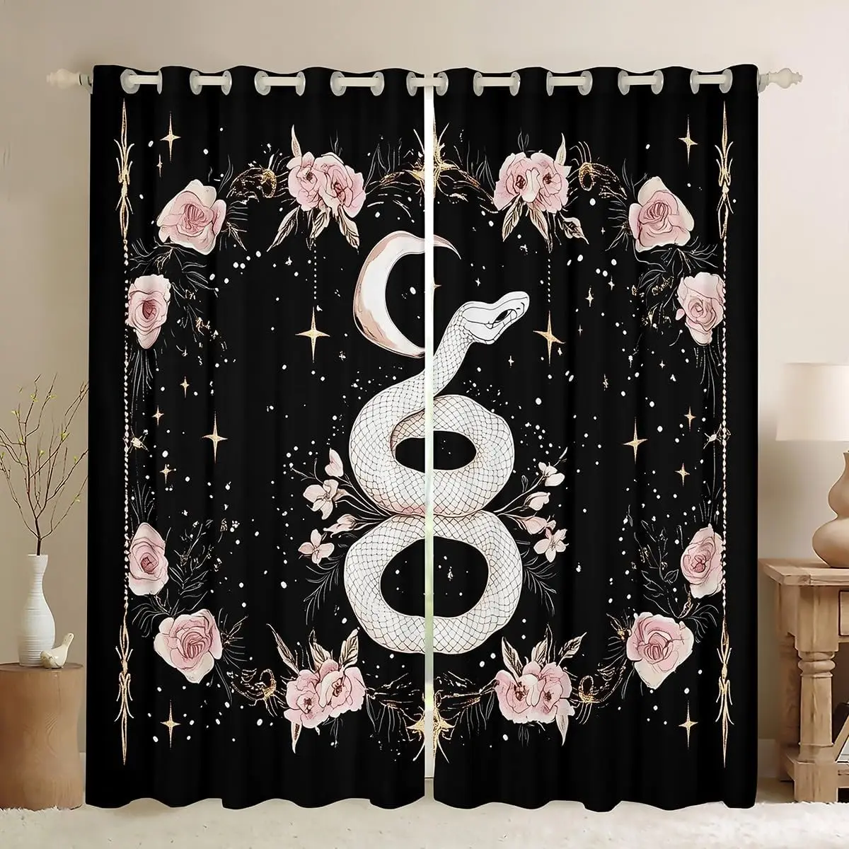 Luxury Gothic Rose Snake Print Black Background Curtain Boho Witchy Floral Polyester Window Drapes Mystical Occult Bedroom Home