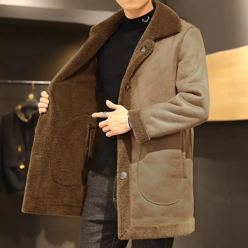 Autumn and Winter Lamb Fleece Coat for Men with Thickened Two Sided Wearing Middle Elderly Button Loose Medium Length Top C25