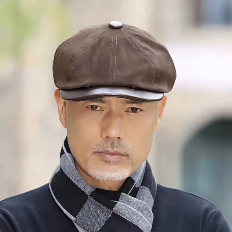 レトロな春の本革スエードベレー帽、マットな羊革ベレー、八角形キャップ、冬用ベレー帽、男性用ベレー帽