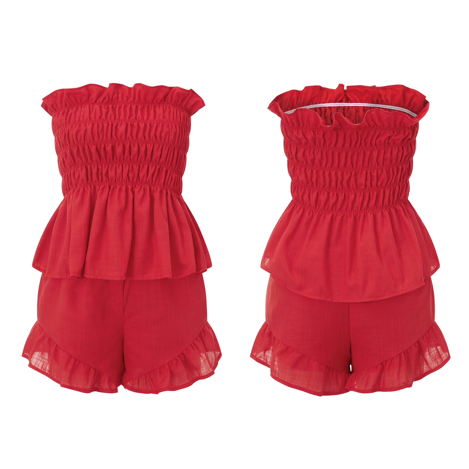 2026 Fashion Women's Shorts Outfit Casual Stylish Smocked Ruffled Trim Strapless Tops with Shorts 2 Pcs Set for Spring Summer