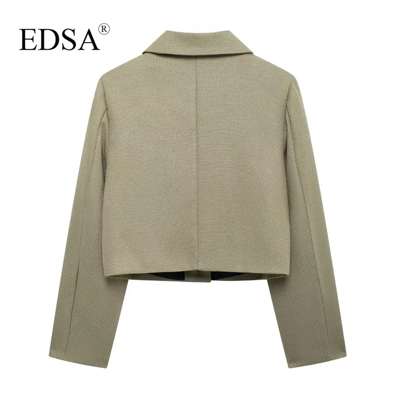 EDSA Women Blazer Cropped Tweed Jacket with Flap Pockets for Office Lady Single Breasted Turn-down Collar Suit Coat