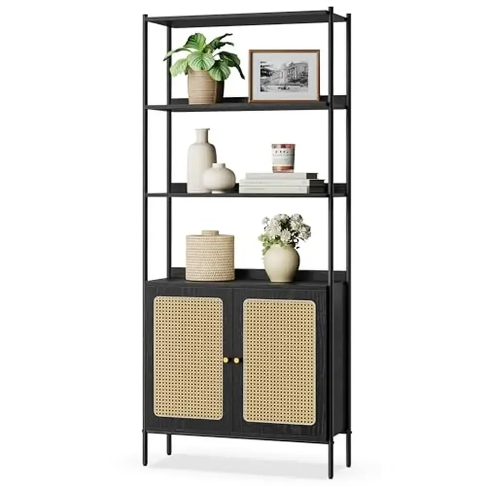 

Freestanding 6-Tier Bookcase with Rattan-Like Door Vertical Storage Shelf