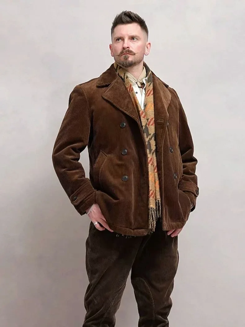 Men's Vintage Corduroy Double Breasted Suit Jacket Spring Amekaji American Workwear Style Cotton Padded Warm Casual Blazer Coat view 4