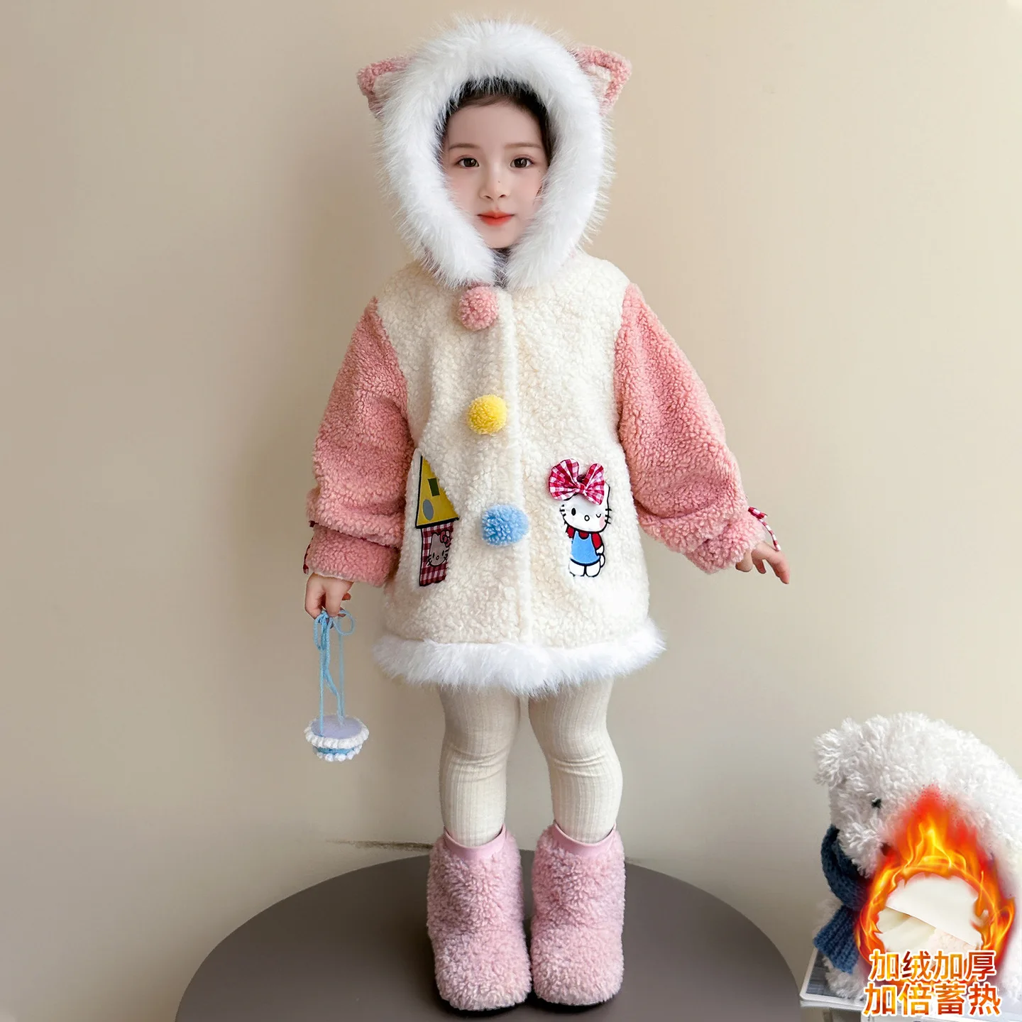 

Kawaii зимняя детская плюшевая куртка в стиле аниме Kittys для девочек, модная корейская версия с героями мультфильмов, милая утепленная хлопковая куртка с капюшоном