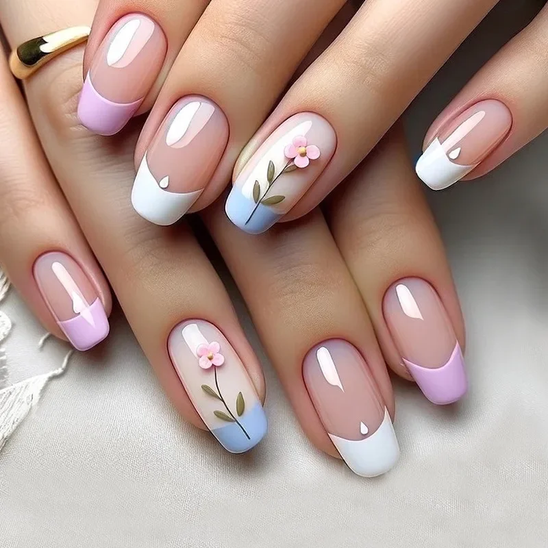 

24Pcs Colorful Edge French Wearable Short Square Fake Nails Simple Floral Patterns Press on Nails with Glue Full Cover Nail Tips