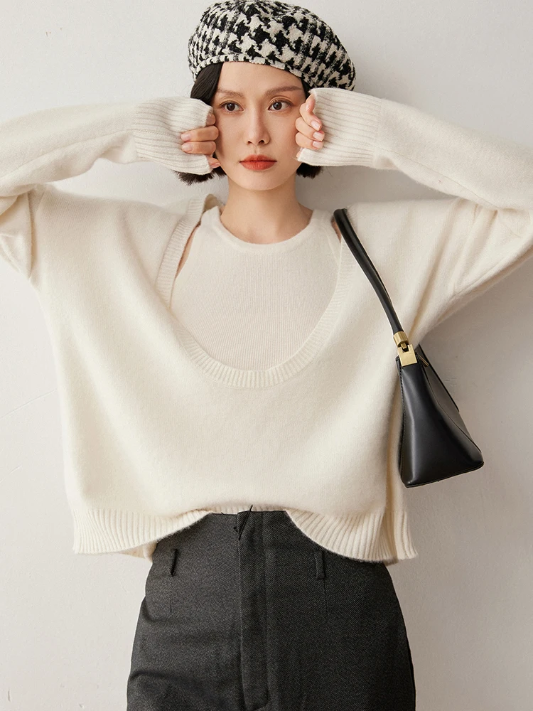 

CHICUU женский 100% кашемировый свитер, большой пуловер с U-образным вырезом, жилет с лямкой на шее, комплект роскошного стиля, осенне-зимний кашемировый трикотажный комплект, топы