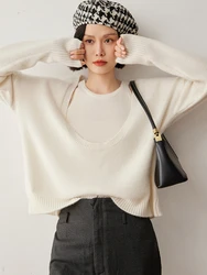 CHICUU Women's 100% Cashmere Sweater Big U-neck Pullover Halter Vest Set Luxury Style Autumn Winter Cashmere Knitwear Set Tops