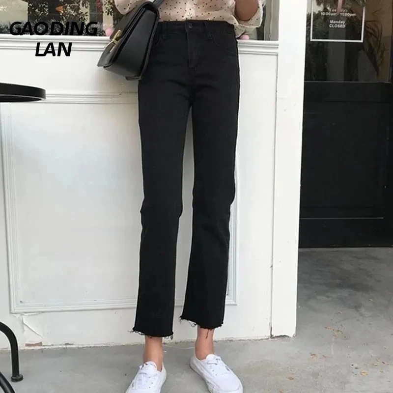 GAODINGLAN Versatile High Waist Women Straight Jeans Vintage Solid Black Cropped Pants Y2k Tassels Wide Leg Baggy Denim Trousers