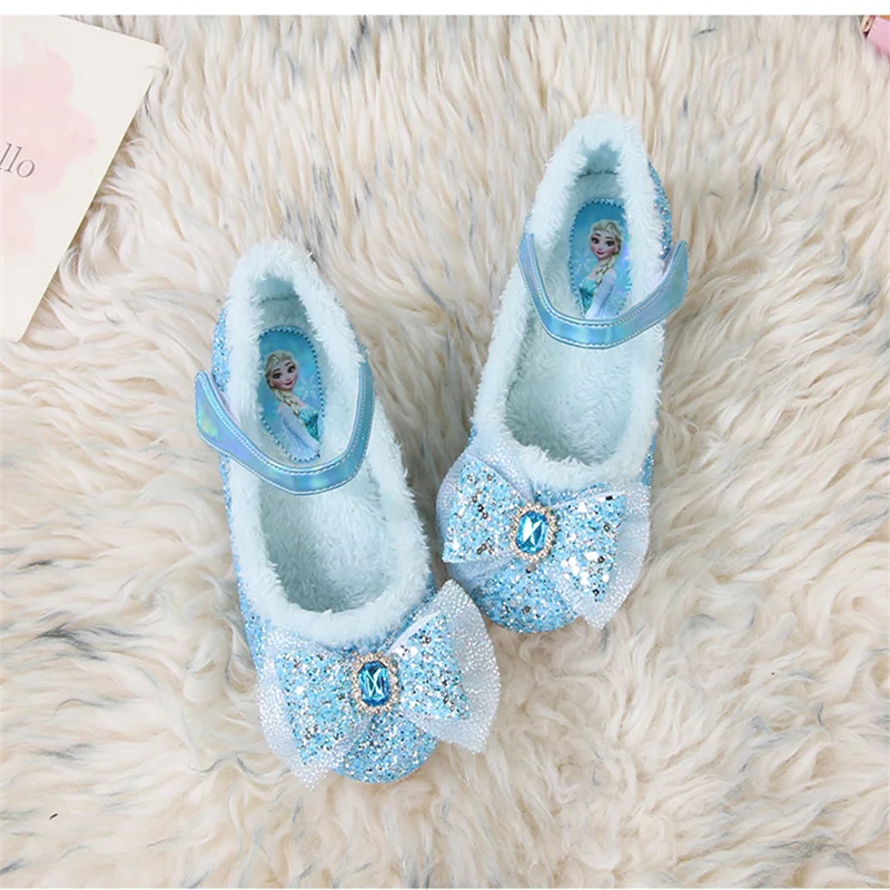 Disney Girls\' High Heels Women Treasure Crystal Shoes Winter Children\'s Plush Fashion Bow Frozen Princess Elsa Shoes Size