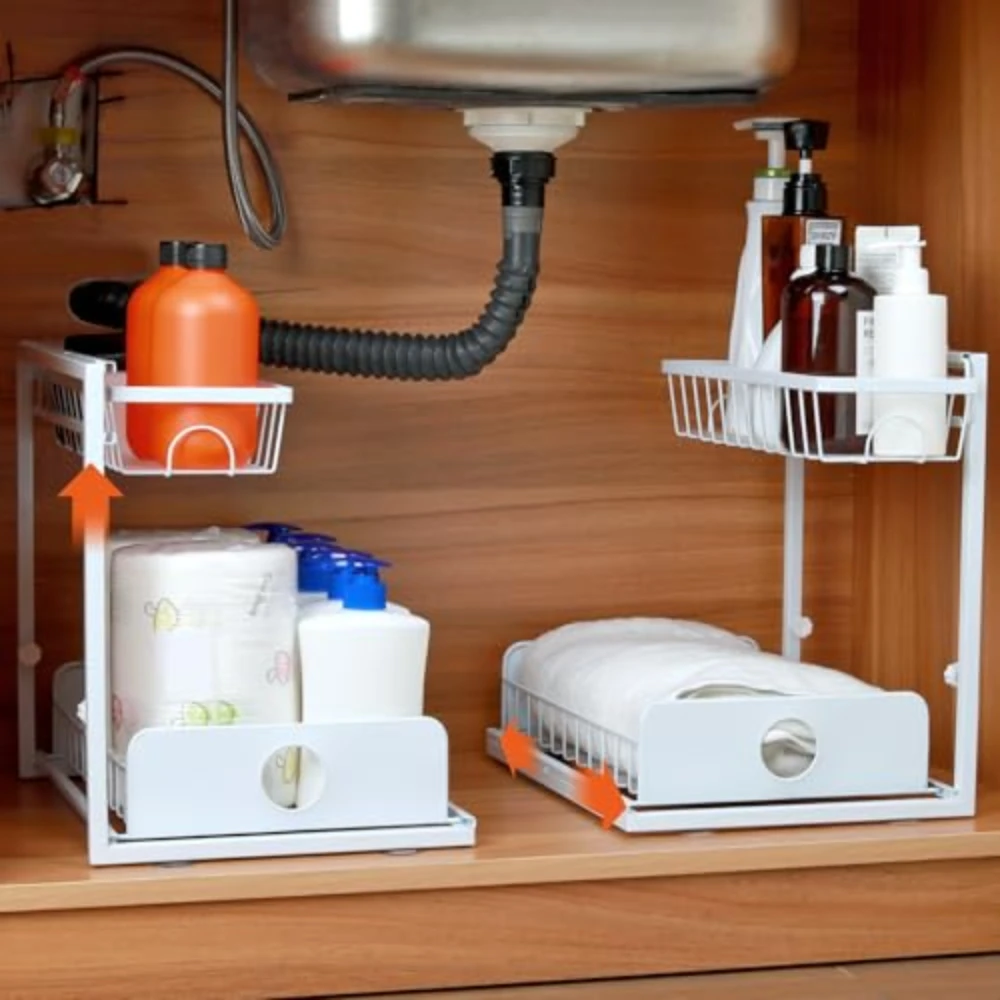 

2 упаковки органайзеров и хранения под раковиной, регулируемых по высоте, 2-уровневая выдвижная полка-органайзер для шкафа для кухни