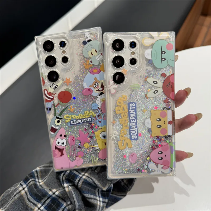 Funny SpongeBob liquid quicksand Phone Case for Samsung Galaxy S21 S22 S23 S24 S25 Ultra Plus FE Octopus Cover Patrick Star