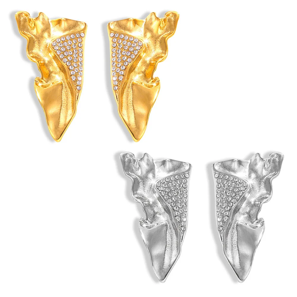 

Vintage Personality Folded Texture Earrings Wing-shaped earrings set with diamonds, irregular titanium steel stud earrings