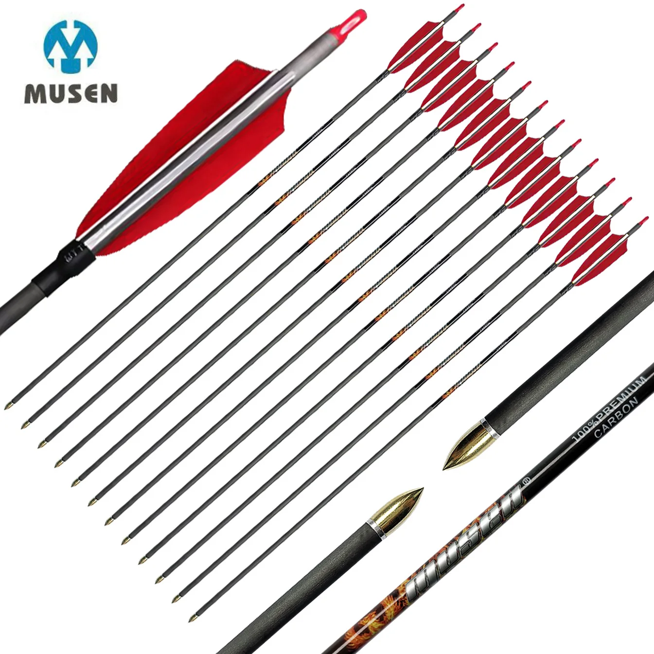 

6/12pcs 31in Prue Carbon Archery Arrows Spine 250/300/350/400/500/600/700/800 ID 6.2mm 4in Turkey Feather Bow Hunting Shooting