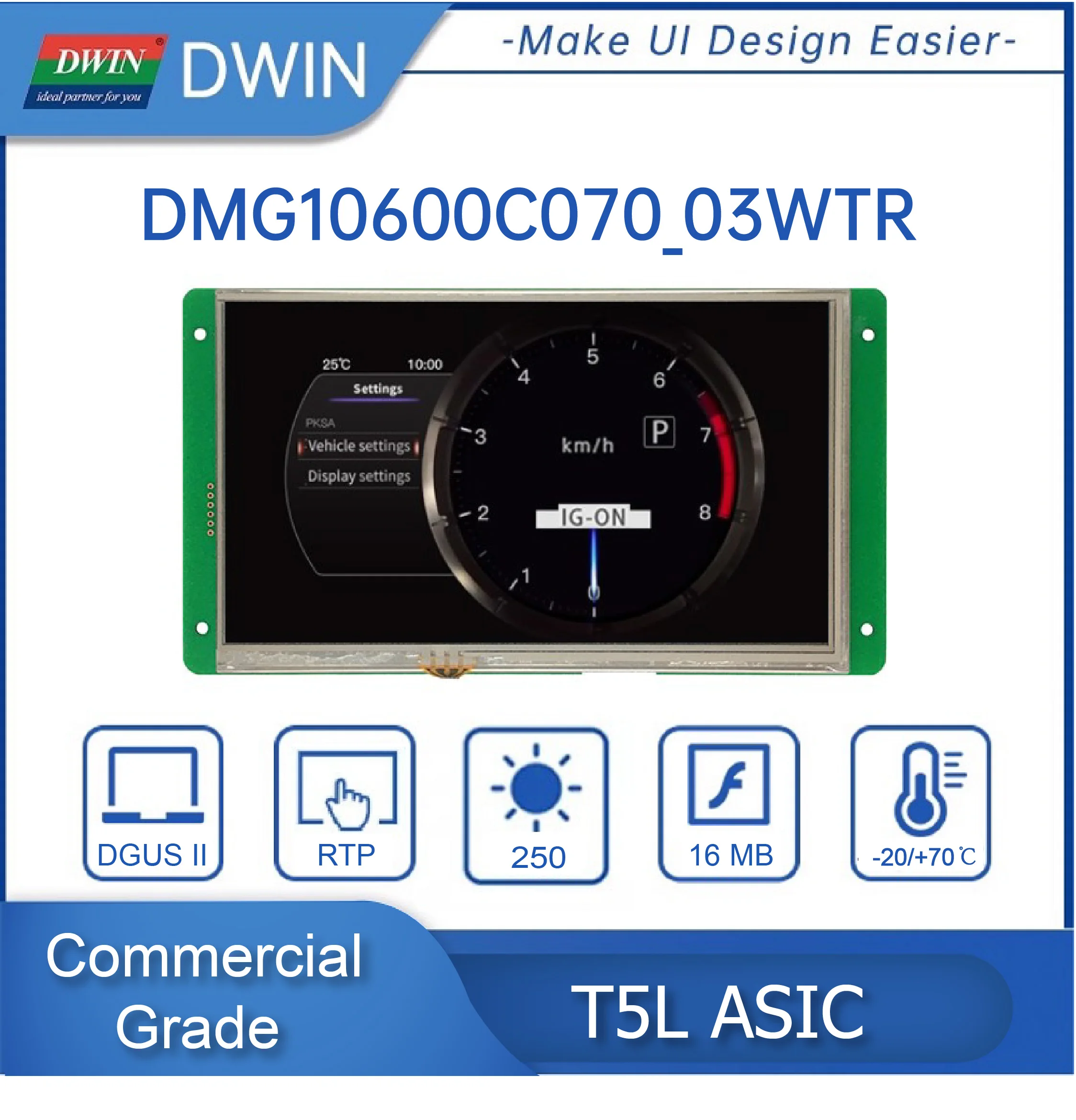 DWIN 7.0 Inch Display 1024*RGB*600  HMI Smart Module IPS-TFT-LCD, Wide Viewing Angle - DMG10600C070_03W