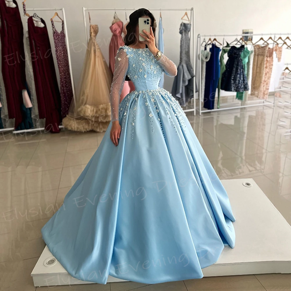 Modern Graceful Sky Blue A Line Women's Evening Dresses Classic O Neck Long Sleeve Prom Gowns Beaded 3D Flowers Vestido De Noche