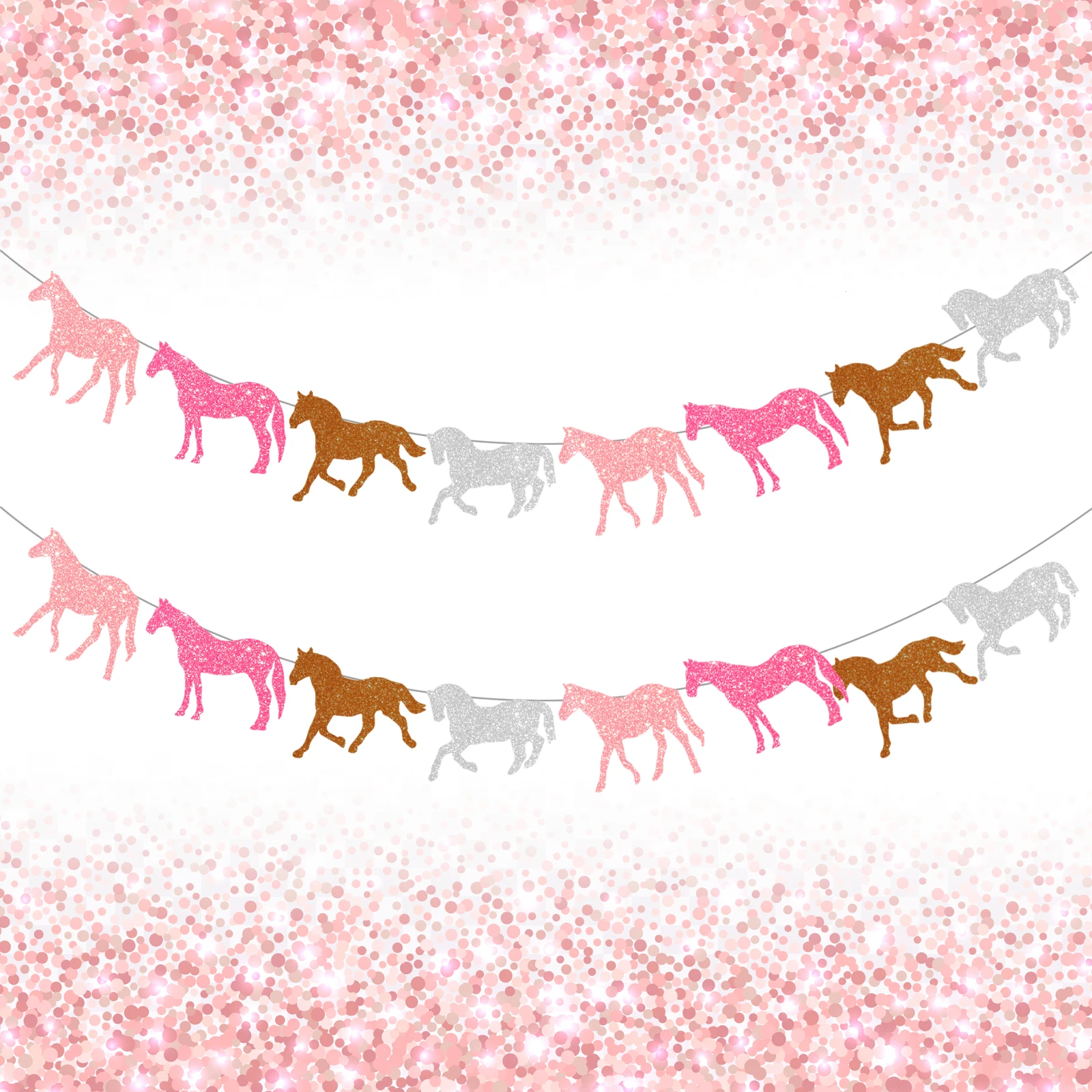 2 peças banner de guirlanda de cavalo rosa glitter banner de cavalo para suprimentos de festa de aniversário para decorações de clube de pônei rosa corrida