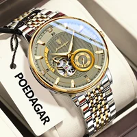 Reloj de pulsera POEDAGAR de lujo para hombre, Tourbillon hueco luminoso, Reloj de acero inoxidable para hombre, relojes mecánicos automáticos para hombre
