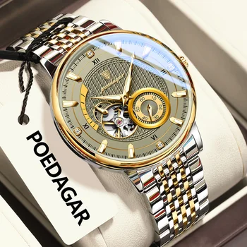 POEDAGAR Top Luxury Man Wristwatch Luminous Hollow Tourbillon Stainless Steel Men Clock Me