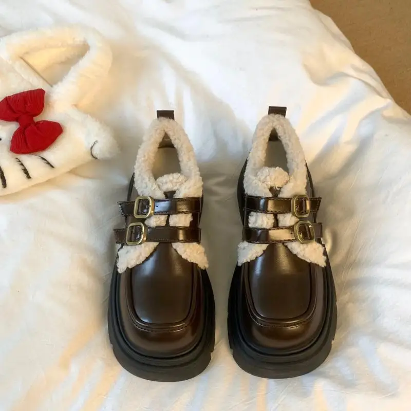 Winter Warm Plush Women Platform Loafers Double Buckle Strap Mary Jane Shoes Vintage Chunky Sole Round Toe Faux Leather Creepers